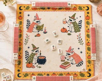 Tapete de Mahjong de Mapache de Halloween, Tapete de Mahjong de Bruja Linda, Tapete de Juego de Mahjong de Calabaza de Otoño, Regalo de Mahjong de Halloween Caprichoso