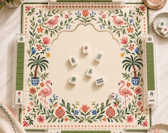 Tapete de Mahjong Jardín de Flamencos, Tapete de Mesa de Mahjong Floral de Arte Popular, Tapete de Juego Botánico Tropical, Regalo Americano de Mahjong para Ella
