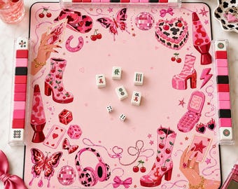 Tapete de Mahjong Vaquera Rosa, Tapete de Mesa de Mahjong Western Y2K, Decoración Retro Cereza para Noche de Juegos, Regalo de Mahjong Único para Mujeres