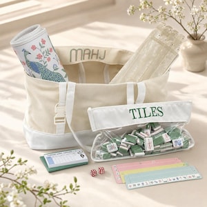 May include: A cream-colored canvas tote bag with the text MAHJ embroidered on the front, containing a rolled peacock-patterned mat and clear racks. A matching clear pouch labeled TILES holds green mahjong tiles, with dice and scorecards.