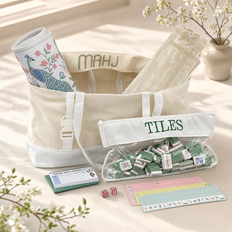 May include: A cream-colored canvas tote bag with the text MAHJ embroidered on the front, containing a rolled peacock-patterned mat and clear racks. A matching clear pouch labeled TILES holds green mahjong tiles, with dice and scorecards.
