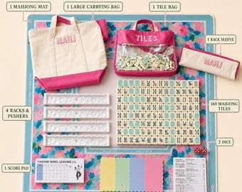 Juego de Mahjong con tapete, juego de Mahjong floral rosa, 160 fichas, juego de regalo de Mahjong, juego completo de Mahjong con bolsas y soportes.