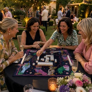 May include: A square mahjong mat featuring a dark navy background with colorful illustrations of skeletal hands, cocktails, and eyeballs. The mat is laid flat on a round table with white mahjong tiles arranged in the center for a game in progress.