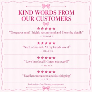 May include: A light pink customer review graphic featuring the text KIND WORDS FROM OUR CUSTOMERS, four five-star ratings, and testimonials from Brooke, Sharon, Marla, and April, framed by a decorative border with small pink bows.
