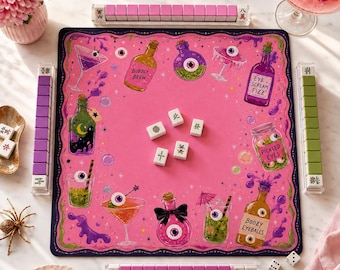 Pink Halloween Mahjong Mat, Spooky Cocktail Mahjong Mat, Witchy Mahjong Game Mat, Halloween Party Decor, Mahjong Gift for Her