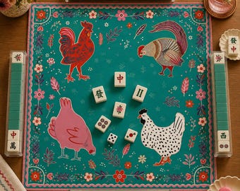 Tapete de Mahjong Jardín de Pollos, Tapete de Mesa de Mahjong Floral de Arte Popular Colorido, Tapete de Juego Estilo Granja Fantástico, Regalo Americano de Mahjong para Ella