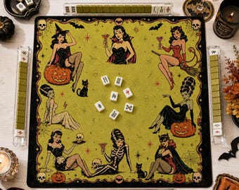 Vintage Halloween Mahjong Mat, Retro Pin Up Witch Mahjong Game Mat, Spooky Halloween Party Decor, Mahjong Gift for Her