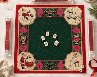 Tapete de Mahjong Retro Navideño para Cócteles, Tapete de Juego de Mahjong Navideño Vintage con Papá Noel y Renos, Regalo de Mahjong Navideño de Mediados de Siglo