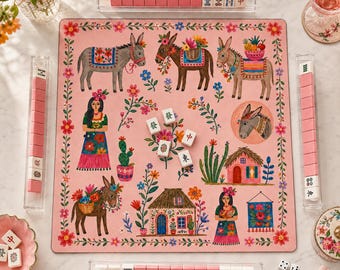 Tapete de Mahjong Fiesta Burro, Tapete de Mahjong de Arte Popular Mexicano, Tapete de Mesa de Mahjong Burro Floral, Regalo de Mahjong Americano Colorido