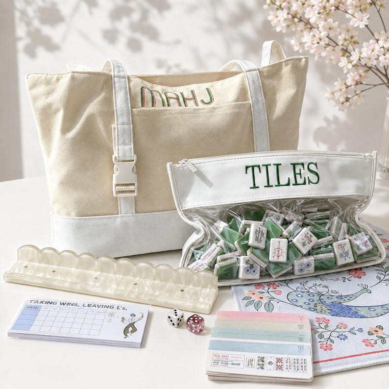 May include: A cream canvas tote bag with the text MAHJ, a clear zippered pouch labeled TILES containing green and white mahjong tiles, a scalloped acrylic tile rack, two dice, a score pad with the text TAKING WINS, LEAVING L'S, and a printed cloth.