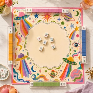 May include: A square Mahjong game board featuring a cream-colored center surrounded by a space-themed border with colorful UFOs, planets, stars, and rainbows. Four clear tile racks hold colored Mahjong tiles, and five loose tiles sit in the center.