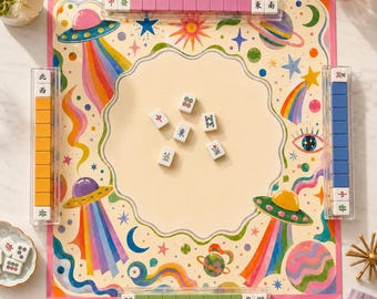 Tapete de Mahjong Espacial Retro, Tapete de Mesa de Mahjong Cósmico, Tapete de Juego de Galaxia OVNI Colorido, Regalo de Mahjong Americano para Amantes del Retro