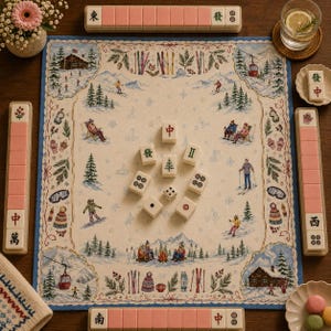 Peut inclure: Un tapis de mah-jong carré illustré d'un paysage hivernal avec des montagnes enneigées, des sapins, des chalets et des skieurs. Le tapis est entouré de quatre réglettes avec des tuiles roses et blanches, et des tuiles et dés au centre.