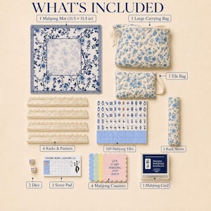 May include: A Mahjong set including a 31.5 x 31.5 inch floral mat, a large carrying bag, a tile bag, four racks with pushers, 160 tiles, a rack sleeve, two dice, a score pad, four scalloped coasters with text, and a National Mahjong League card.