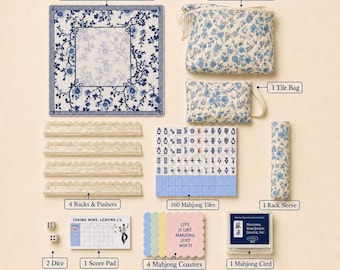 Complete American Mahjong Set with Mat, 160 Tiles, 4 Racks & Pushers, Carrying Bags, Blue Chinoiserie Mahjong Gift Set
