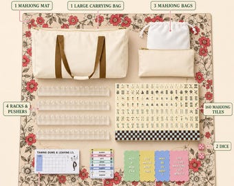 May include: A mahjong set including a floral mat, a large carrying bag, three storage bags, four clear racks with pushers, 160 tiles, two dice, a score pad, a reference card, and four scalloped coasters with text about mahjong.