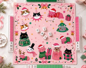 Tapete de Mahjong rosa con diseño de gato navideño, tapete de juego de Mahjong con gatito navideño adorable, regalo festivo de Navidad para amantes de los gatos, tapete de Mahjong rosa