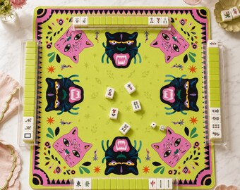 Tapete de Mahjong Pantera Neón y Gato Rosa, Tapete de Mesa de Mahjong de Arte Popular Verde Lima, Tapete de Juego Maximalista, Regalo Americano de Mahjong
