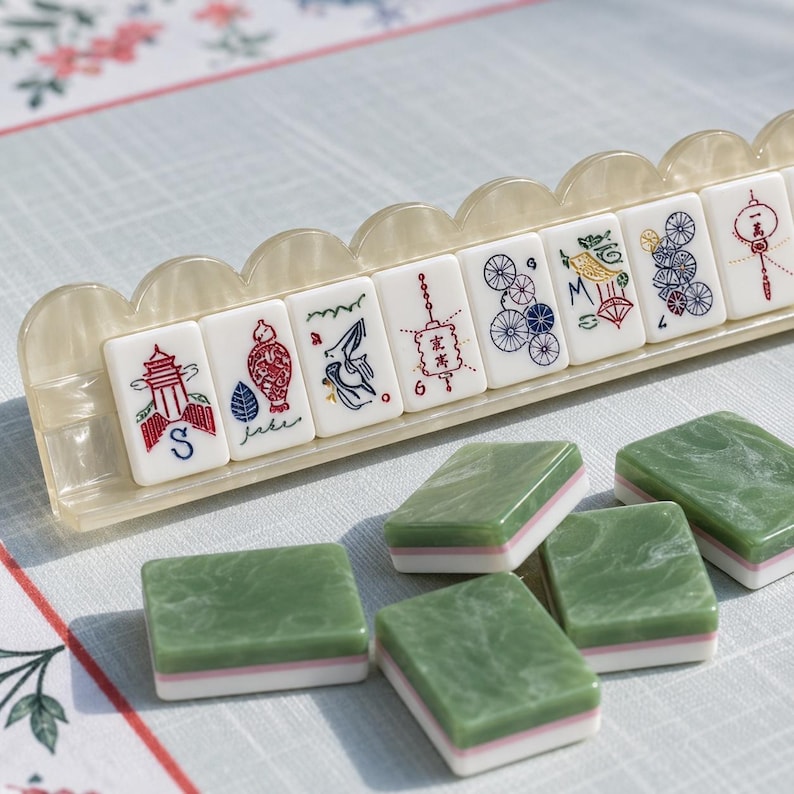 May include: A set of mahjong tiles featuring white tiles with colorful illustrations of lanterns, flowers, and symbols arranged in a scalloped beige rack, alongside several green and white marbled tiles scattered in the foreground.