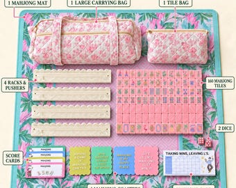Juego de Mahjong Americano Rosa con Tapete, 160 Fichas, Soportes y Empujadores de Perlas, Bolsa de Transporte Floral, Juego Completo de Regalo de Mahjong