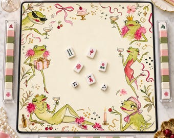 Tapete de Mahjong con forma de rana, tapete de mesa de Mahjong rosa para cócteles, decoración original de acuarela para noches de juegos, regalo único de Mahjong para mujeres.