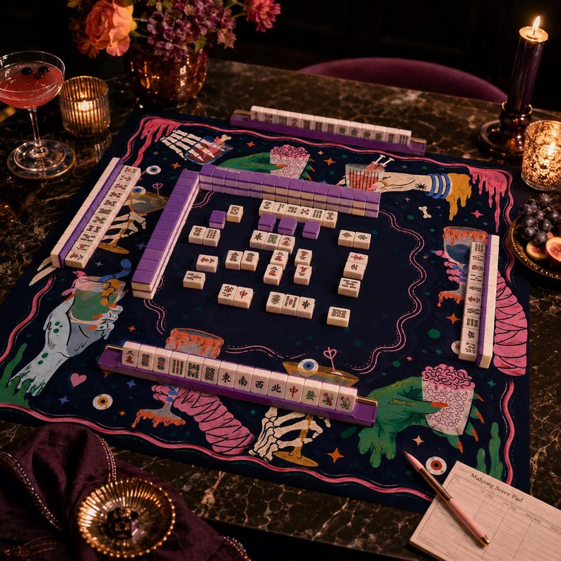 May include: A mahjong game set featuring a dark blue play mat with colorful illustrations of hands, brains, and eyes. The set includes white tiles with purple backs, purple tile racks, and a score pad. The tiles display various traditional symbols.