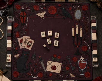 Gothic Halloween Mahjong Mat, Dark Raven and Black Cat Mah Jongg Table Mat, Spooky Game Night Decor, Unique Mahjong Gift