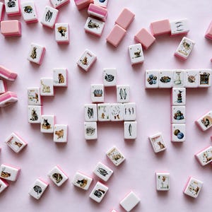 May include: A collection of rectangular mahjong tiles with white faces and pink backs. The tiles feature various illustrations of cats, fish, and household items. Some tiles are arranged to spell the word CAT, while others are scattered.