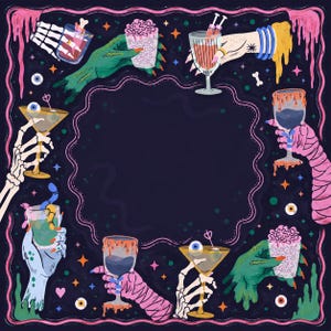 May include: A square illustration featuring a dark purple background with a central scalloped frame. The border is decorated with various hands, including skeleton, mummy, and green zombie hands, holding glasses filled with colorful drinks.
