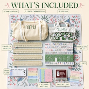 May include: A Mahjong set including a floral mat, a large cream bag labeled MAHJ, a clear tile bag labeled TILES with 160 tiles, four translucent racks with pushers, two dice, score cards, four scalloped coasters, and a National Mahjong League card.