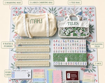Juego completo de Mahjong americano con tapete, 160 fichas, 4 atriles, bolsas de transporte, dados y accesorios. Set de regalo de lujo de Mahjong con diseño de pavo real.