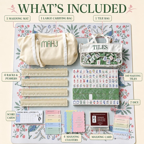 Complete American Mahjong Set with Mat, 160 Tiles, 4 Racks, Carrying Bags, Dice & Accessories, Luxury Peacock Mahjong Gift Set