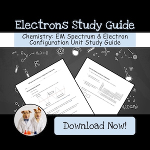 Puede incluir: Una guía de estudio de química sobre electrones, el espectro electromagnético y la configuración electrónica. El documento incluye diagramas, preguntas y una tabla periódica. Un recuadro circular muestra dos perros con batas de laboratorio.