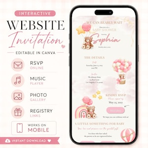 Pink Editable Baby Shower Website Template | Canva Digital Invitation, RSVP, Registry (Digital Download)