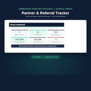 May include: A digital commission tracker spreadsheet for Excel and Google Sheets titled Partner & Referral Tracker. The dashboard displays metrics including active partners, total referrals, conversion rate, revenue, commission, and payout time.