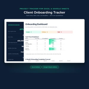 May include: A digital client onboarding tracker spreadsheet for Excel and Google Sheets. The dashboard displays task completion rates, active client metrics, financial values, and a task phase breakdown table with progress bars and status indicators.