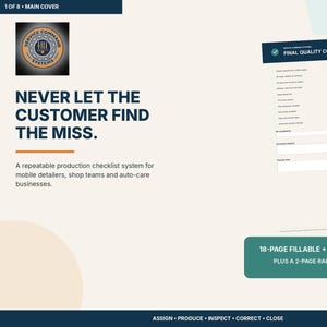 May include: A digital product cover featuring the Service Command Systems logo, the text NEVER LET THE CUSTOMER FIND THE MISS, and a preview of a Final Quality Control checklist form. It includes an 18-page fillable print pack and a 2-page rapid checklist.