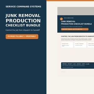 Può includere: Un pacchetto di checklist di produzione per la rimozione dei rifiuti di 25 pagine con un layout blu scuro e bianco e accenti arancioni. Il testo include Service Command Systems, Junk Removal Production Checklist Bundle e Control the job from dispatch.