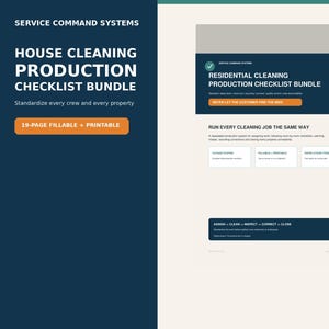 May include: A 19-page fillable and printable house cleaning production checklist bundle by Service Command Systems. The document features a dark blue header with white text, an orange button, and sections for standardizing cleaning tasks.