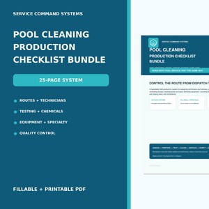 Puede incluir: Un paquete de lista de verificación de producción de limpieza de piscinas de 25 páginas en formato PDF rellenable e imprimible. El documento presenta un encabezado azul verdoso oscuro con texto blanco, incluido el título Service Command Systems.