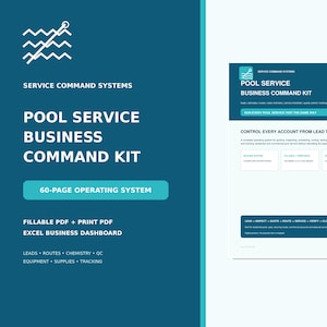 Puede incluir: Un kit de comando para empresas de servicio de piscinas digital que incluye un sistema operativo de 60 páginas, archivos PDF rellenables e imprimibles y un panel de control empresarial en Excel para gestionar rutas y química del agua.