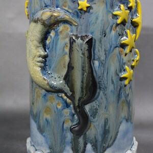 Night Kittie, Black Cat, Stars an Moon, Unique, One of a Kind, Handmade, Porcelain, Large Coffee/Tea & Hot Chocolate Mug. 16 Fluid oz., cap.