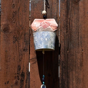 Abstract and Flower Pattern, Ceramic Garden Bell, Medium 6” tall, Handmade, Unique, One of a Kind, Porcelain Indoor/Outdoor Bell Wind Chime