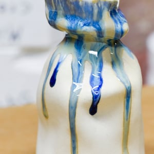 Bud Vase, Modern, Handmade Ceramic, unique, one of a kind, smooth porcelain clay body, with a drippy glaze design, 5&quot; tall 2.5&quot; wide.