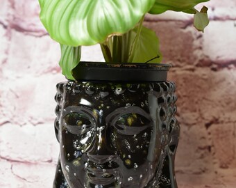 Buddha Head Planter, Indoor, Outdoor, Succulent Planter, Ceramic Buddha Head Planter, Buddha Head, Multifaceted Black Glaze