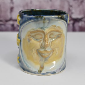 Moon Face, Spaceman, Astronaut, Stars, Handmade, Ceramic Porcelain, Unique, One of a Kind, Colorful, Small Size Mug.