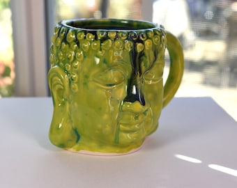 Buddha Head Mug, Ceramic Buddha Head Mug, Buddha Mug, Mug, Large, Multifaceted Green, Blue and Yellow Glaze