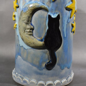 Night Kitty, Moon & Stars, Black Cat, Unique, One of a Kind, Handmade, Porcelain, Large Coffee/Tea, Hot Chocolate Mug. 16 Fluid oz. cap.