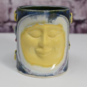 Moon Face, Full Moon, Spaceship, Stars, Handmade, Ceramic Porcelain, Unique, One of a Kind, Colorful, Small Size Mug.