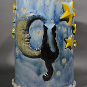Night Kitty, Moon an Stars, Black Cat, Unique, One of a Kind, Handmade, Porcelain, Large Coffee/Tea & Hot Chocolate Mug. 16 Fluid oz., cap.